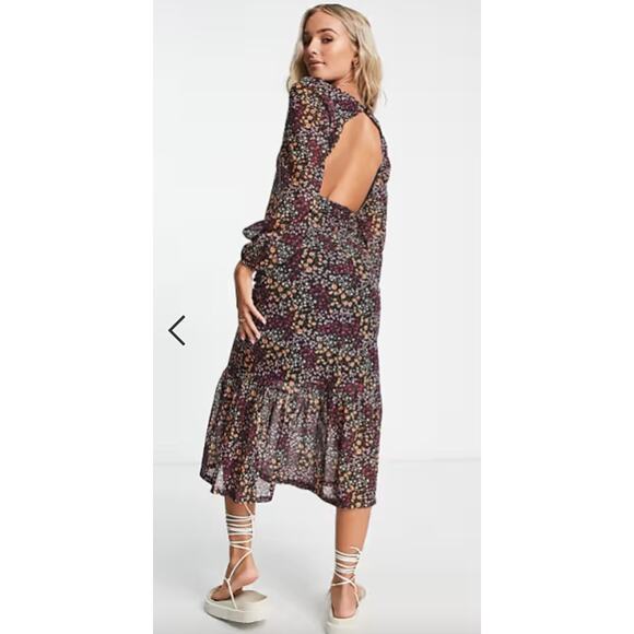 ASOS The Frolic Square Neck Midi Tea Dress With Mesh Sleeves Ditsy Floral Size 6 - Picture 2 of 13